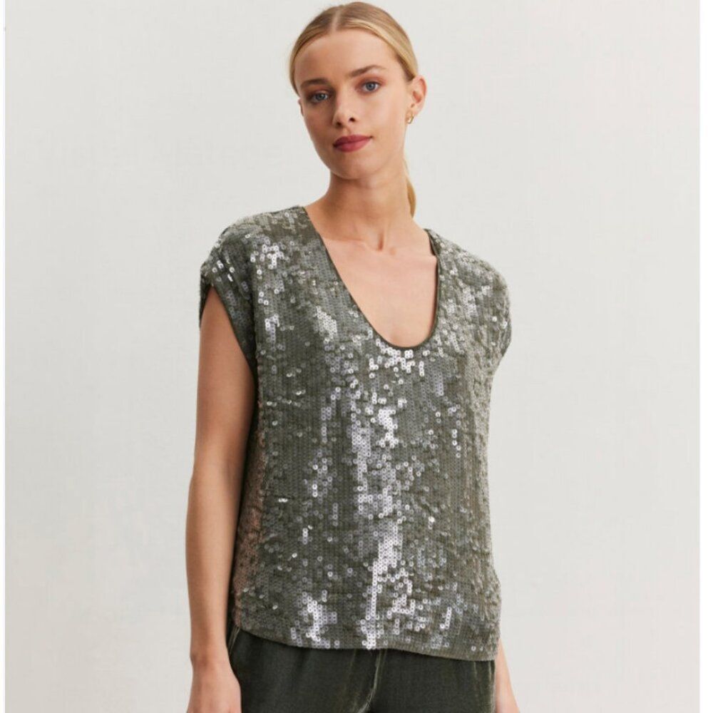 Garnet Hill Women's Cap Sleeve Sequined Gray Party Top Scoop Neck Medium